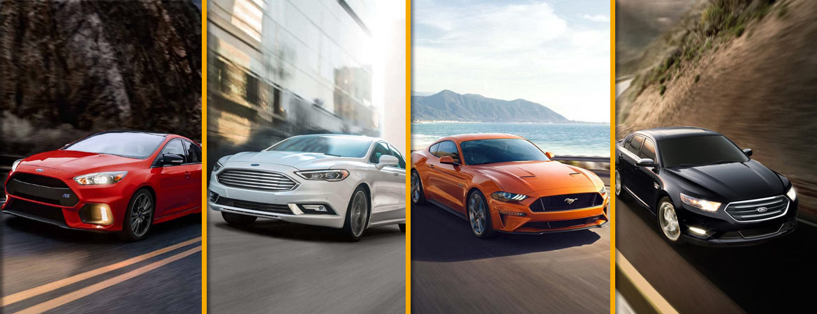 2018 Ford Focus, Fusion, Mustang, and Taurus driving down the road